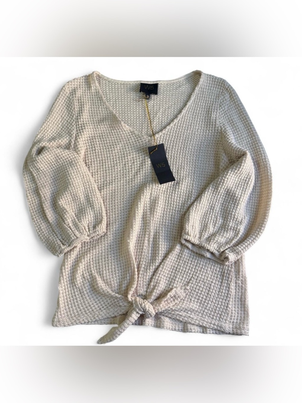 W5 Womens Large Off-White V-Neck Waffle Knit Top Tie Front Sleeve Detail NEW
